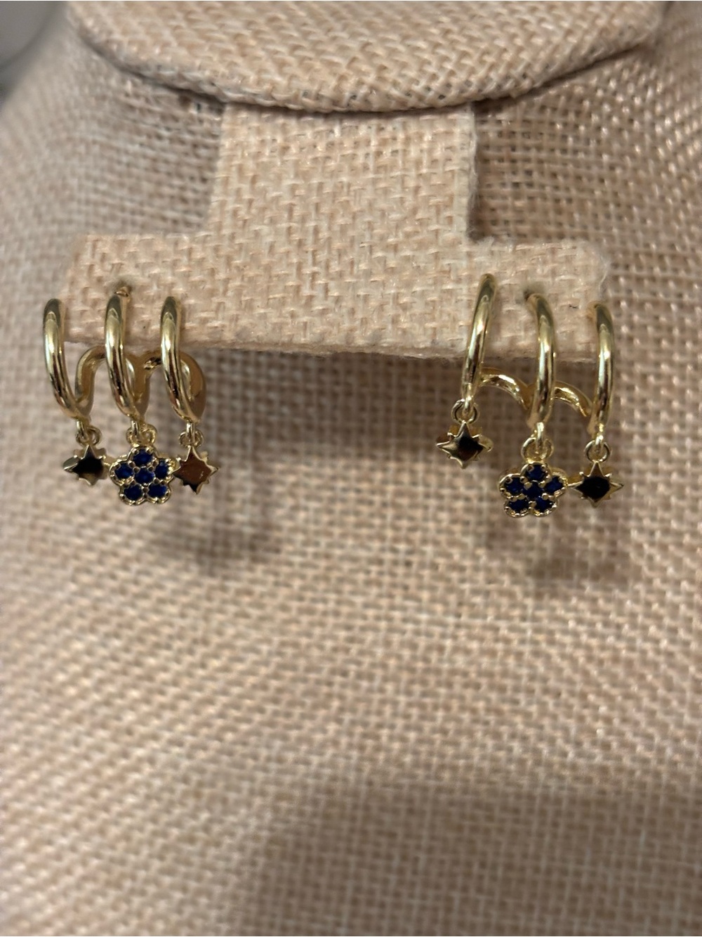 Gold Floral Blue and Black Charm Hoop Earrings